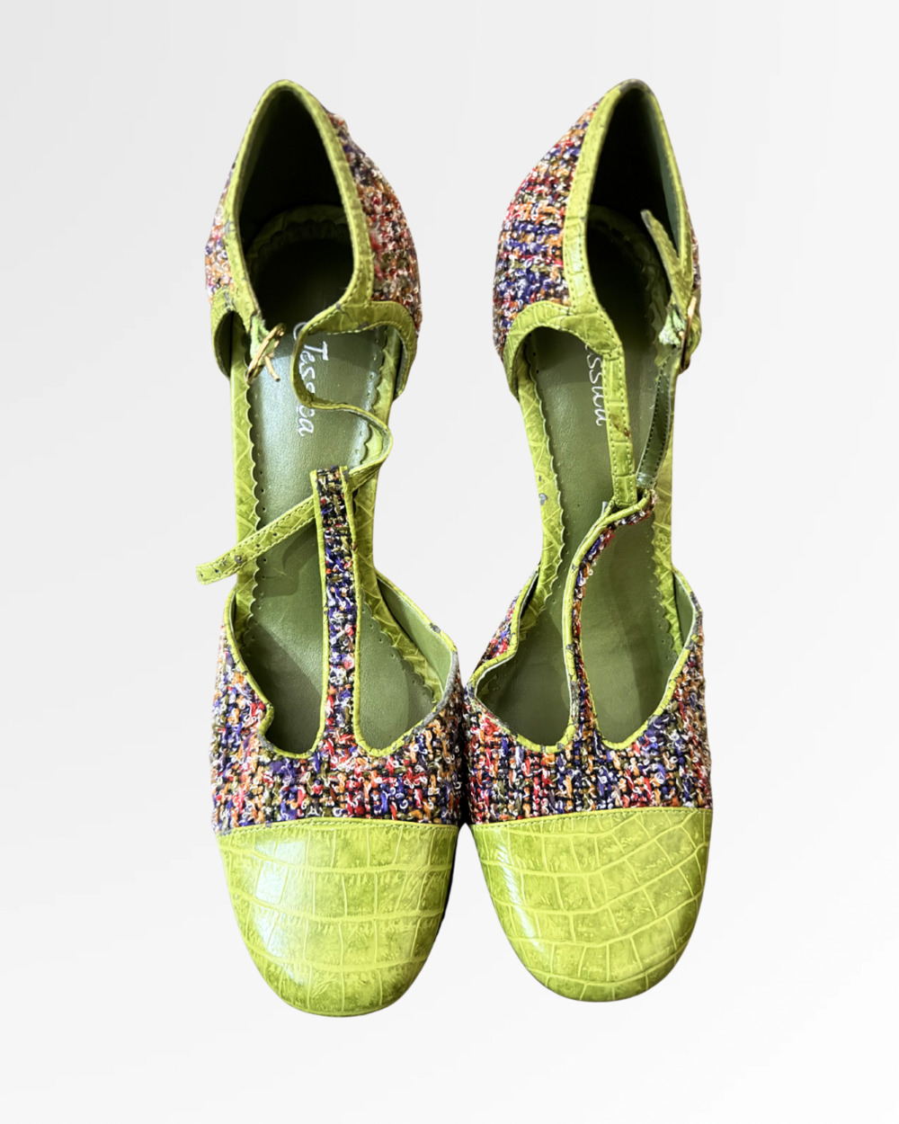 Jessica Rowan Multi-Color Tweed and Lime Green Croc-Embossed T-Strap Heels